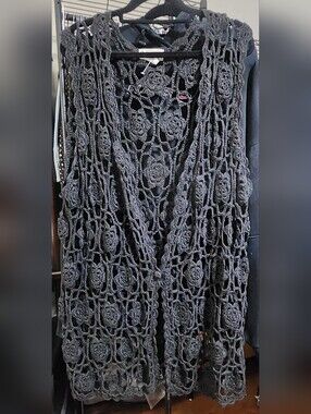 Open Crochet Long Vest Cardigan - Black Size 3x
